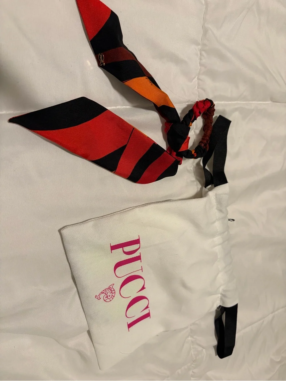 Emilio Pucci Red & Orange Geometric Sheer Long Sleeve Top and Pucci hair tie